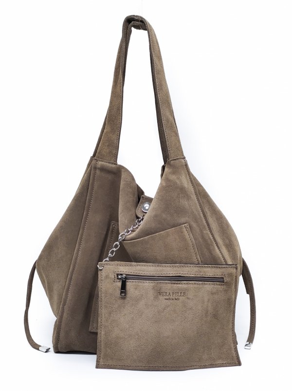 Zamszowa torebka shopper skóra naturalna ciepła beżowa taupe