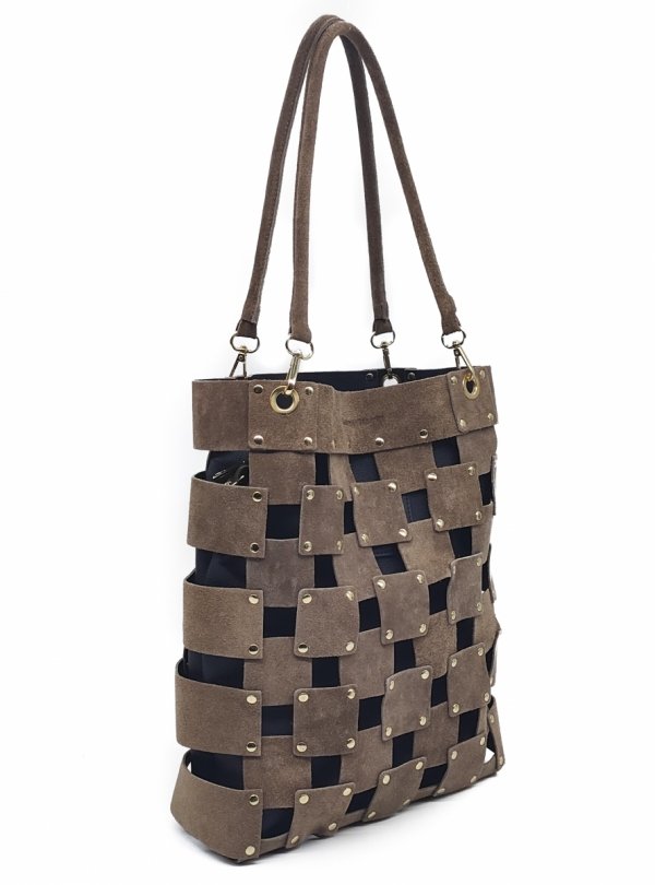 Torebka shopper zamszowa Vera Pelle skóra mocha beżowa Laura Biaggi