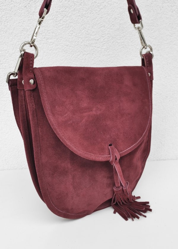 Zamszowa bordowa listonoszka torebka z frędzlem