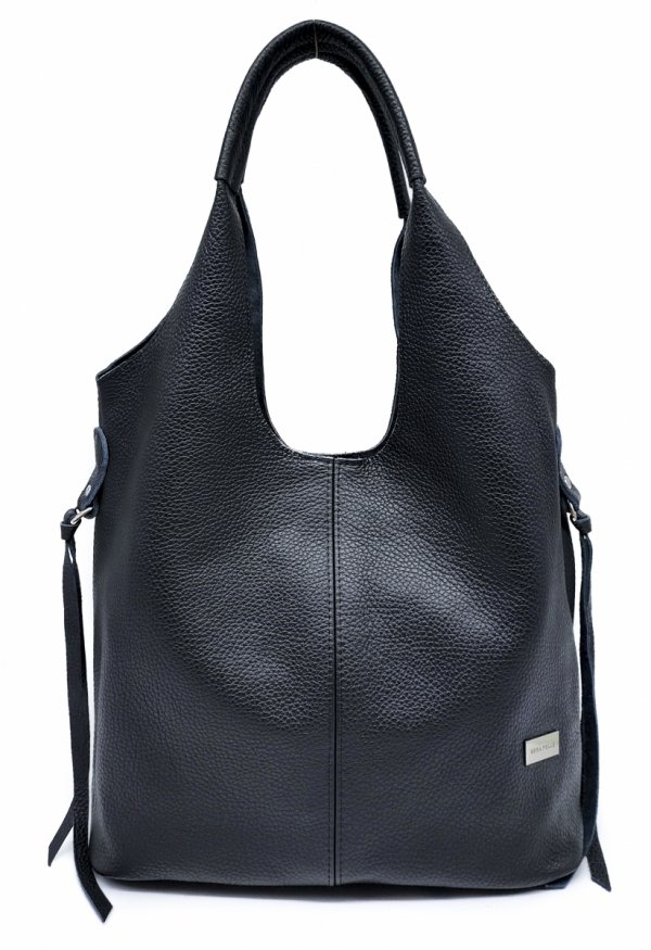 Czarna Torebka Shopper z Naturalnej Skóry - 2w1