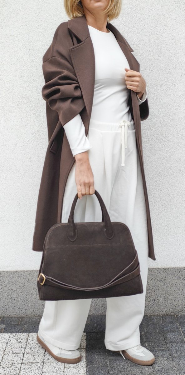 Zamszowa torebka kuferek skóra naturalna brązowa mleczna czekolada