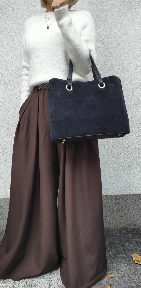 Klasyczna modna torebka aktówka zamszowa czarna