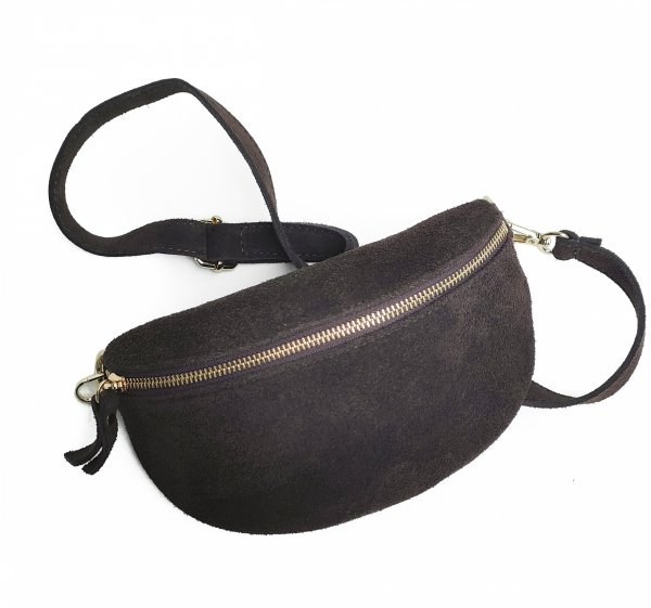 Zamszowa saszetka nerka Vera Pelle skóra naturalna brązowa ciemna czekolada