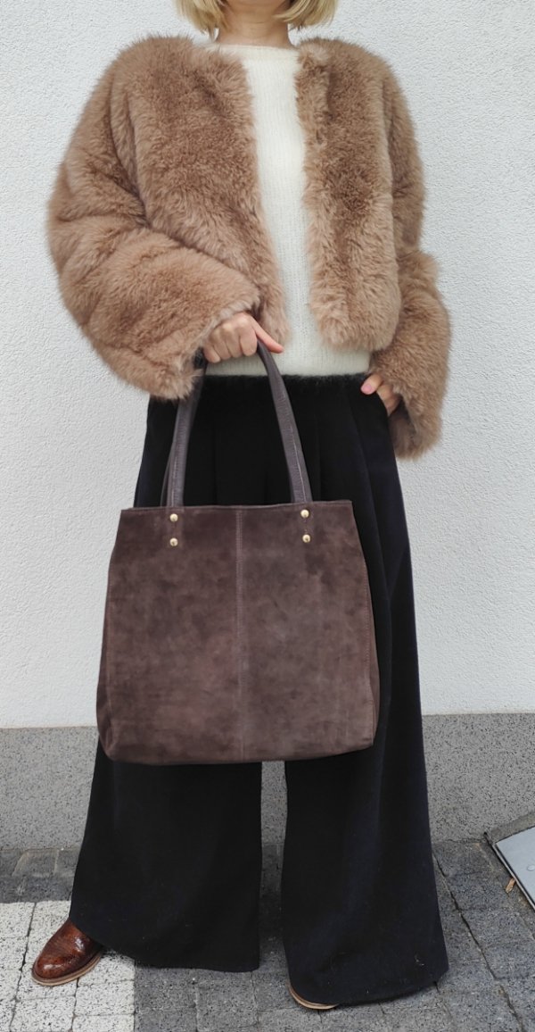 Zamszowy czekoladowy torebka shopper skóra