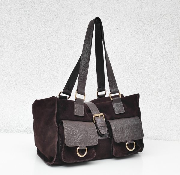 Torebka shopper zamszowa Vera Pelle skóra czekoladowa