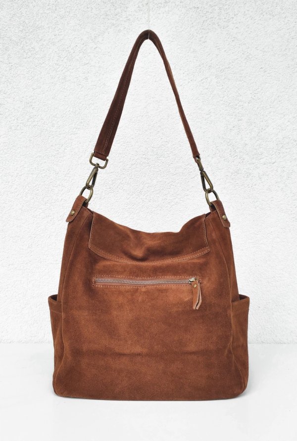 Zamszowa torebka worek listonoszka ruda cynamonowa