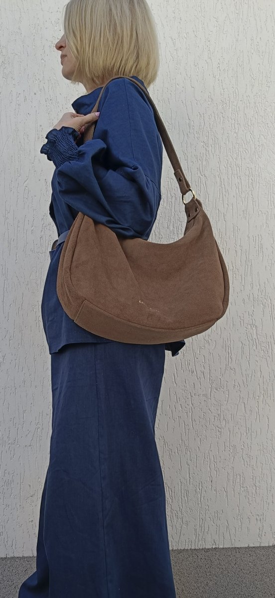 Torebka worek zamszowa Vera Pelle skóra brązowa mocha Laura Biaggi