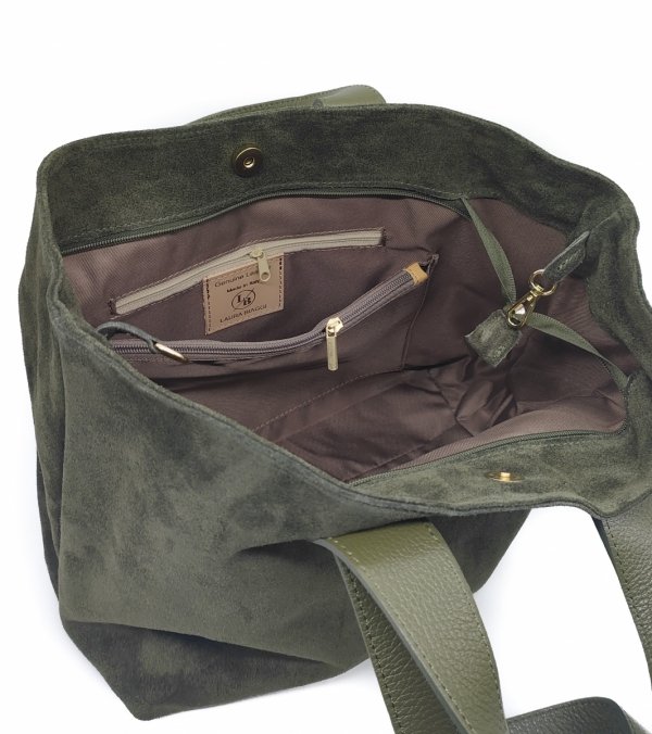 Torebka shopper zamszowa Vera Pelle skóra zielona Laura Biaggi