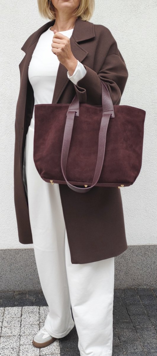 Torebka shopper zamszowa Vera Pelle skóra bordowa Laura Biaggi