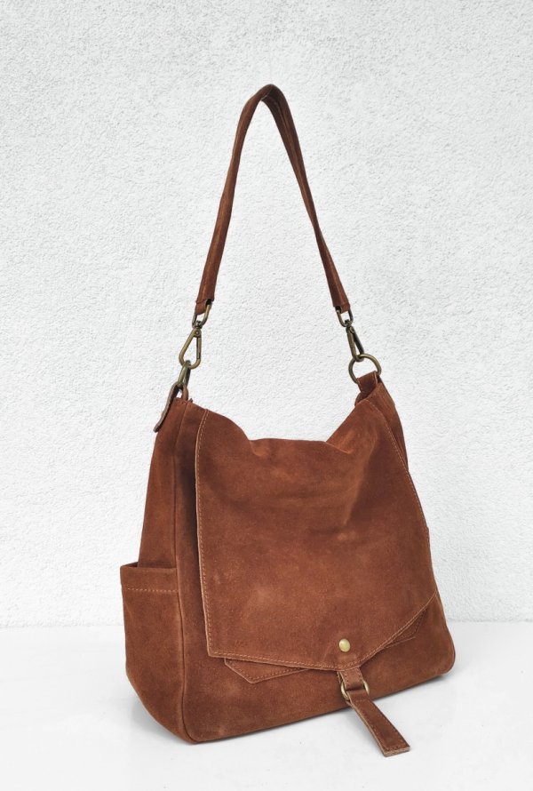 Zamszowa torebka worek listonoszka ruda cynamonowa