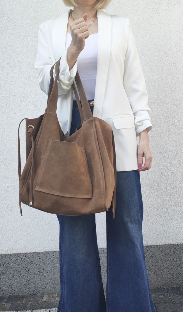 Zamszowa torebka shopper skóra naturalna bezowa camel