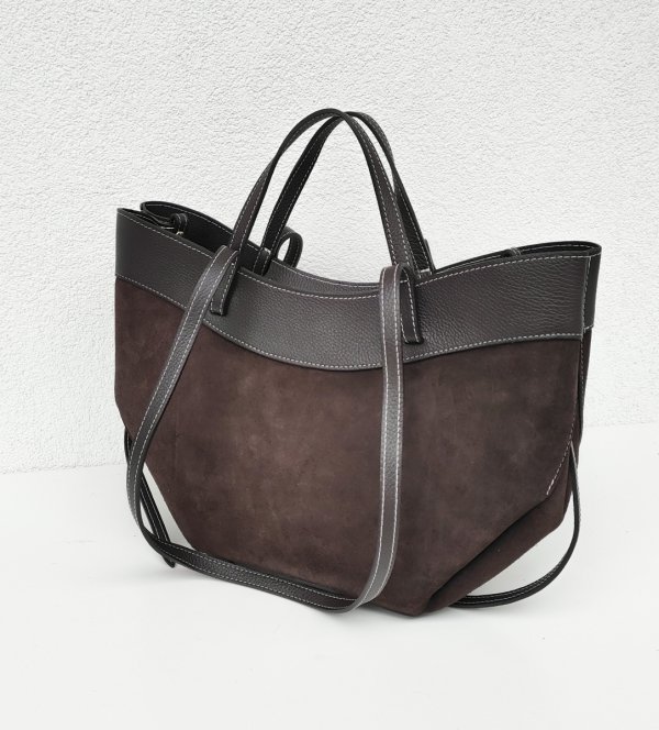 Vera Pelle Czekoladowa brązowa torebka Shopperka do ręki na ramie