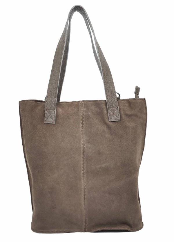 Zamszowa torebka shopper skórzana Vera Pelle beżowa taupe do pracy szkoły