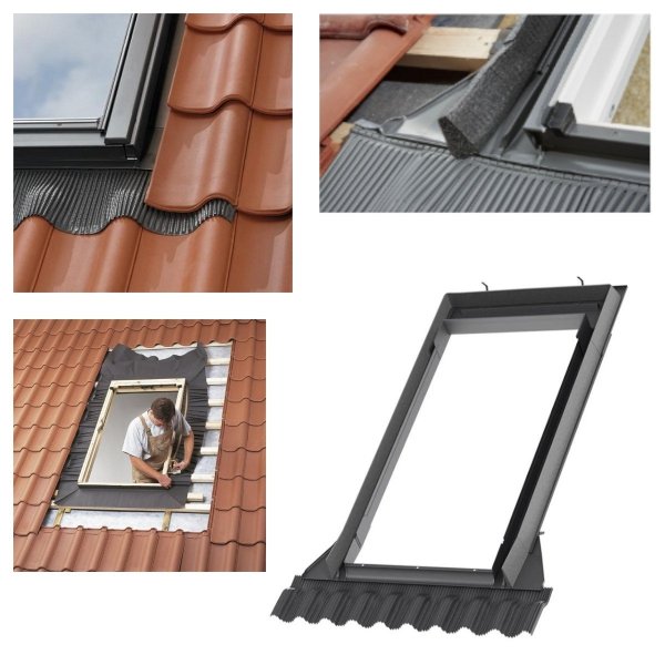 Eindeckrahmen Velux EW 6000 für Austauschfenster, Dacheindeckung hochprofiliert, Aluminium, für profilierten Eindeckmaterialien von 1,5 bis 12 cm Höhe mit Dämmrahmen BDX