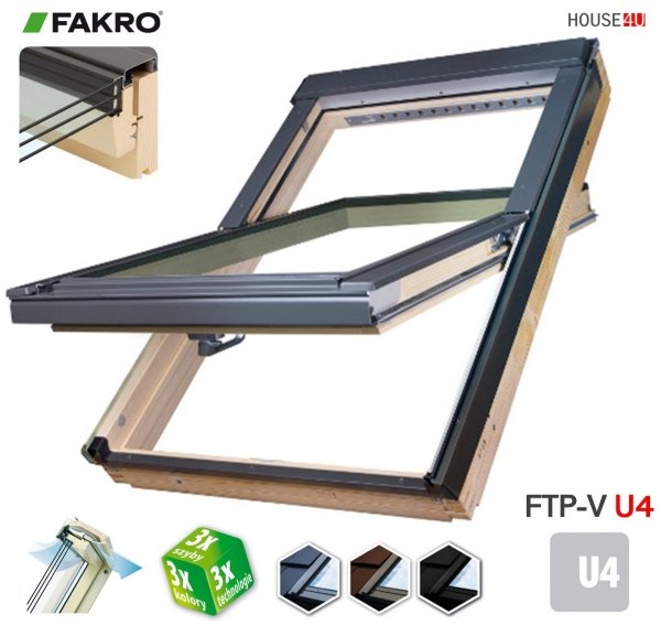 Dachfenster Fakro FTP-V U4 3-fach-Verglasung Schwingfenster Energiesparende Holz klar lackiert Uw=1,1 Ug=0,7 W/m²K