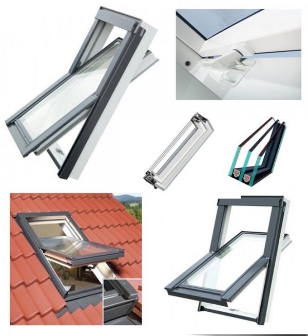 OPTILIGHT PVC Dachfenster TLP U4 3-fach-Verglasung Uw= 1,1 Schwingfenster aus Kunststoff PVC Profile in Weiß / Boden Griff / ENERGIE with triple glazing, ohne Dauerlüftung 