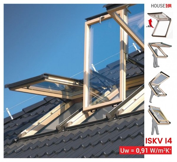 Dachfenster Kipp-Schiebefenster Okpol ISKV I4 3-fach Energiesparende Uw=0,8 W/m²K Holz klar lackiert, Selbstreinigendes Glas _ house-4u.de