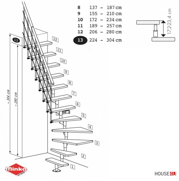 Minka Raumspartreppe Style Buche mit Mittelholm Wendeltreppe, gewendelt Holztreppe, gerade Buche Raumhöhe: 294 – 304cm, Stufen: 12, Stufenbreite: 70cm