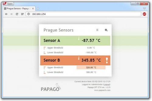 Papouch 2TH ETH PAPAGO moduł pomiarowy internetowy dwukanałowy zasilanie PoE, Modbus TCP, Ethernet, LAN, IP