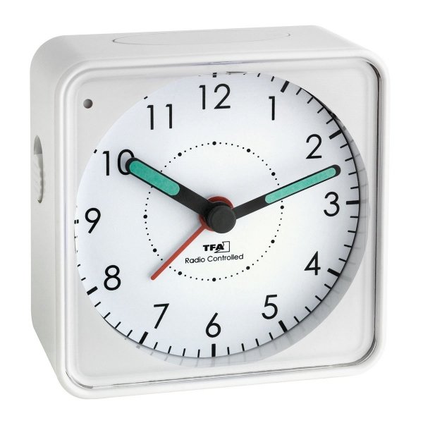 TFA 60.1510.02 budzik biurkowy zegarek wskazówkowy płynąca wskazówka sterowany radiowo, biały