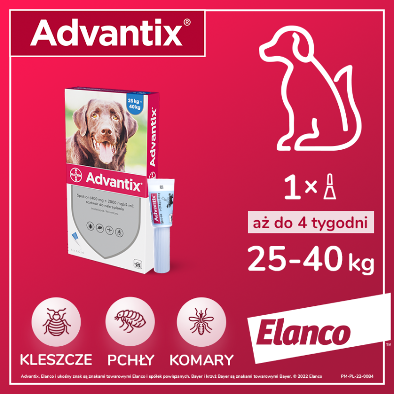 BAYER ADVANTIX dla średnich psów – powyżej 10 do 25kg 4 pipety