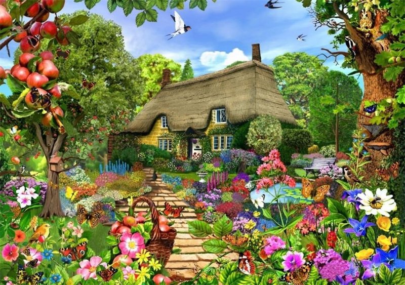 Puzzle 1500 Chatka z kwitnącym ogrodem