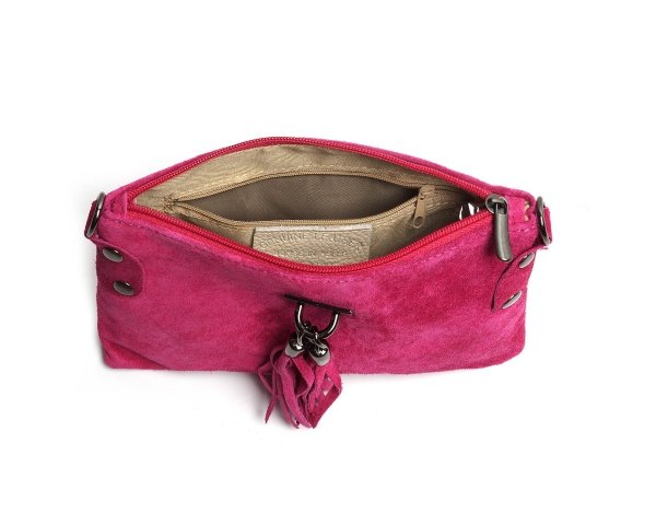 Damska skórzana zamszowa torebka listonoszka Solome Marika różowa fuksja wnętrze