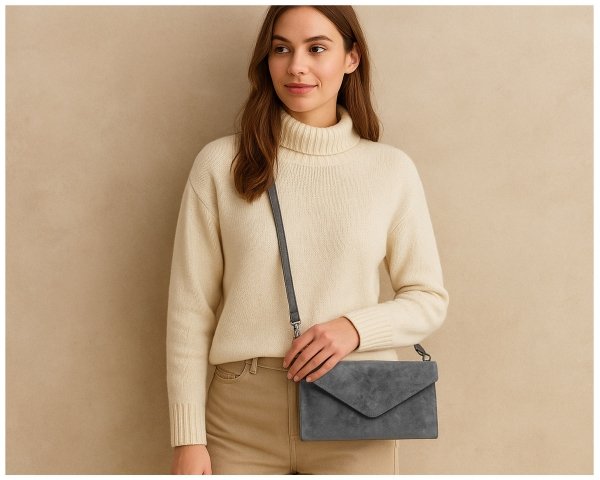 Skórzana włoska torebka wizytowa kopertówka Solome L1 szara zamsz plener