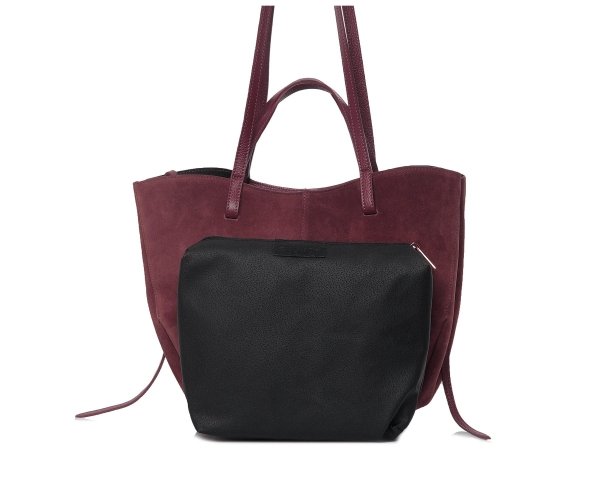 Włoska skórzana torba damska Shopperka Solome Rosa bordowa zamszowa saszetka