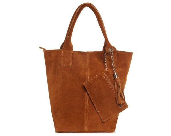 Skórzana torba damska włoska torebka miejska Solome Carvela koniak zamszowa przód