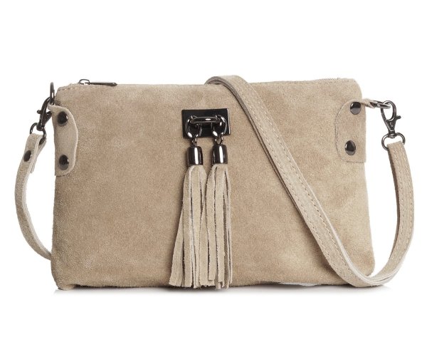 Damska skórzana zamszowa torebka listonoszka Solome Marika beżowa na pasku