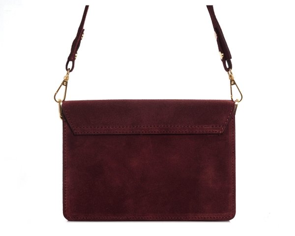 Skórzana listonoszka torebka damska Solome Ulla bordowa zamsz na ramię tył