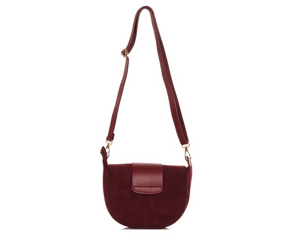 Bordowa skórzana listonoszka torebka damska na ramię zamszowa tył