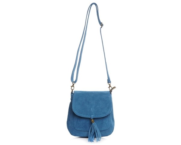 Damska skórzana zamszowa torebka listonoszka Solome Navia niebieska na pasku przód