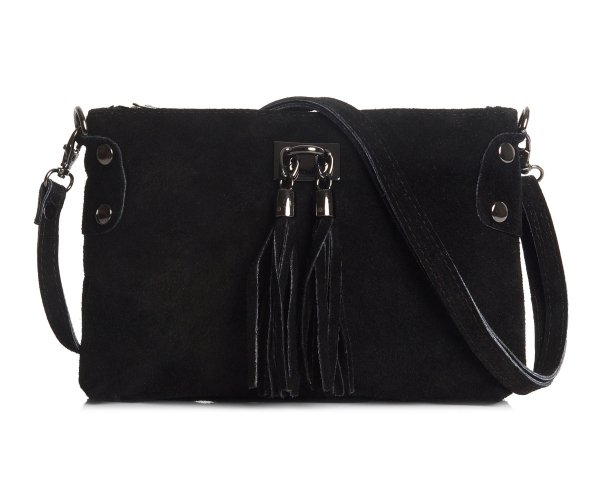 Damska skórzana zamszowa torebka listonoszka Solome Marika czarna na pasku