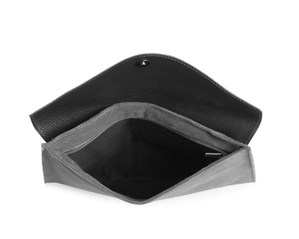 Skórzana włoska torebka wizytowa kopertówka Solome L1 szara zamsz wnetrze
