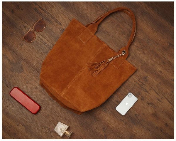 Skórzana torba damska włoska torebka miejska Solome Carvela koniak zamszowa plener