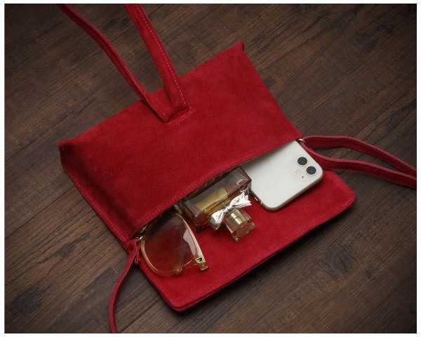 Damska skórzana kopertówka torebka wizytowa Solome Flora czerwona plener