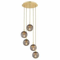 Złota lampa wisząca mosiądz ciemne kule szkło ryflowane 5 płomienny na okrągłej podsufitce PALOMA 2185 Argon