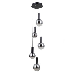 Czarna szklana lampa wisząca okrągłe klosze kule przyciemniane szare Strela Italux PND-34378-5S-BK