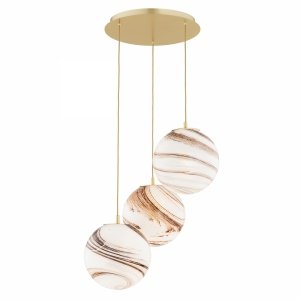 Lampa wisząca 3-płomienna nowoczesna biało-brązowy marmur szklane kule mosiądz szczotkowany na okrągłej podsufitce ARUBA 6299 Argon