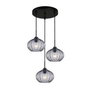 Lampa wisząca potrójna szklane żłobione dekoracyjne klosze czarna w nowoczesnym stylu Pansol PND-2940-3AS-BK-SG2 Italux