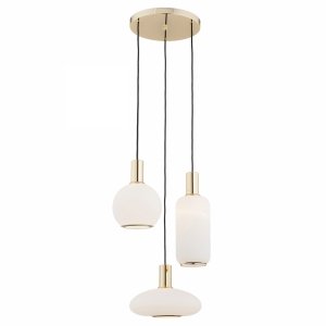 Elegancka szklana lampa wisząca na okrągłej podsufitce 3 klosze trzy różne kształty mleczne szkło złote dodatki SAGUNTO 1489 Argon