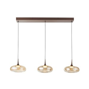 Nowoczesna miedziana lampa wisząca listwa 3pł LED 21W 3000K nad wyspę stół szkło bursztynowe Tenele Italux PND-24028-3B-COPP