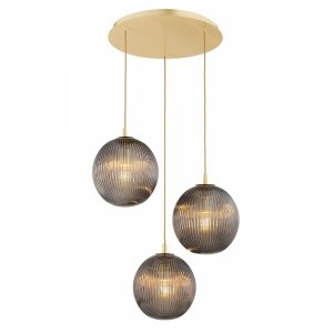 Lampa wisząca złoto mosiądz 3 płomienna ciemne dymne kule szkło ryflowane na okrągłej podsufitce PALOMA 6309 Argon