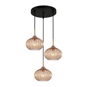 Żyrandol Pansol PND-2940-3AS-BRO-AMB Italux 3xE27 ze Szczotkowanym Mosiądzem Trzy Ryflowane Bursztynowe Klosze ze Szkła Strukturalnego 56cm 