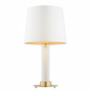 Minimalistyczna lampa stołowa lampka nocna transparentne ryflowane szkło biały abażur satyna mosiądz szczotkowany HAMPTON 8540 Argon