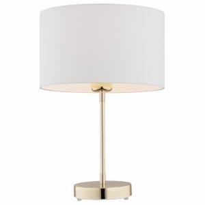 Elegancka prosta lampa stołowa lampka nocna minimalistyczna złota stal mosiądzowana z białym okrągłym abażurem KARIN 4301 Argon
