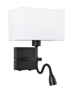 CZARNY KINKIET HOTELOWY Z BIAŁYM ABAŻUREM ITALUX NORTE WL-1122-2-BL-BM-RC-WH NOWOCZESNY Z LAMPKĄ LED DO CZYTANIA