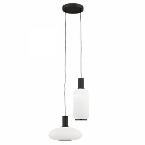 Podwójna elegancka lampa wisząca na okrągłej podsufitce różne wysokości szklane mleczne klosze czarna SAGUNTO PLUS 7214 Argon